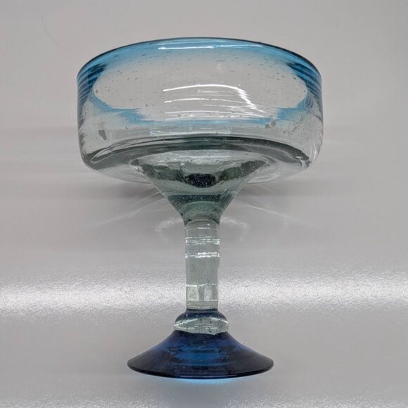 Mexican Hand Blown Glass Margarita Goblet Blue Rim Base Unique Design - Picture 2 of 10